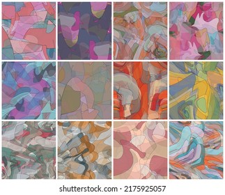 Abstract watercolor seamless vector pattern set. Random transparent wavy shapes create artistic pain texture. Pastel colored background with organic natural earthy colors. Universal wallpaper art kit.