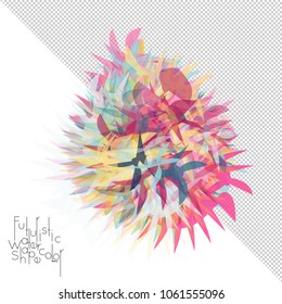 Abstract watercolor shape isolated on white background with transparent grid. Delicate colorful transparent overlaps create paint blot.