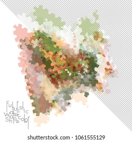 Abstract watercolor shape isolated on white background with transparent grid. Delicate colorful transparent overlaps create paint blot.