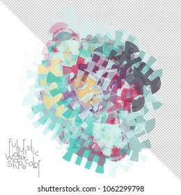 Abstract watercolor shape isolated on white background with transparent grid. Delicate colorful transparent overlaps create paint blot.