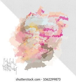 Abstract watercolor shape isolated on white background with transparent grid. Delicate colorful transparent overlaps create paint blot.