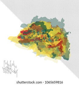 Abstract watercolor shape isolated on white background with transparent grid. Delicate colorful transparent overlaps create paint blot.