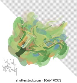 Abstract watercolor shape isolated on white background with transparent grid. Delicate colorful transparent overlaps create paint blot.