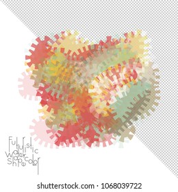 Abstract watercolor shape isolated on white background with transparent grid. Delicate colorful transparent overlaps create paint blot.