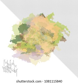 Abstract watercolor shape isolated on white background with transparent grid. Delicate colorful transparent overlaps create paint blot.