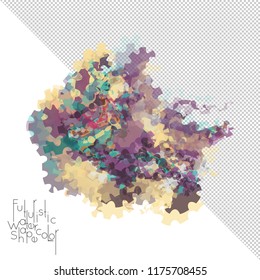 Abstract watercolor shape isolated on white background with transparent grid. Delicate colorful transparent overlaps create paint blot.