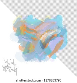 Abstract watercolor shape isolated on white background with transparent grid. Delicate colorful transparent overlaps create paint blot.