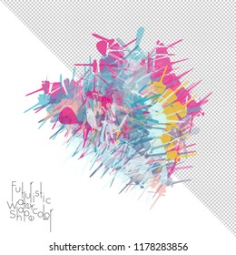 Abstract watercolor shape isolated on white background with transparent grid. Delicate colorful transparent overlaps create paint blot.