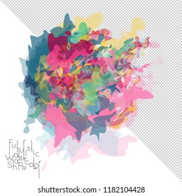 Abstract watercolor shape isolated on white background with transparent grid. Delicate colorful transparent overlaps create paint blot.