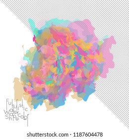 Abstract watercolor shape isolated on white background with transparent grid. Delicate colorful transparent overlaps create paint blot.