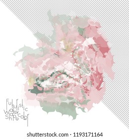 Abstract watercolor shape isolated on white background with transparent grid. Delicate colorful transparent overlaps create paint blot.