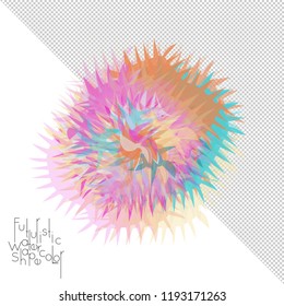 Abstract watercolor shape isolated on white background with transparent grid. Delicate colorful transparent overlaps create paint blot.