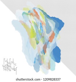Abstract watercolor shape isolated on white background with transparent grid. Delicate colorful transparent overlaps create paint blot.