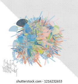 Abstract watercolor shape isolated on white background with transparent grid. Delicate colorful transparent overlaps create paint blot.