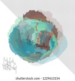 Abstract watercolor shape isolated on white background with transparent grid. Delicate colorful transparent overlaps create paint blot.