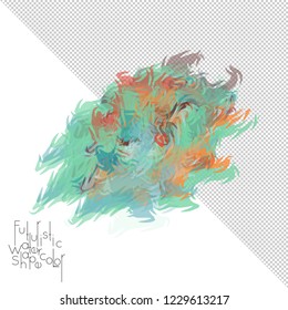 Abstract watercolor shape isolated on white background with transparent grid. Delicate colorful transparent overlaps create paint blot.