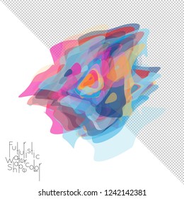 Abstract watercolor shape isolated on white background with transparent grid. Delicate colorful transparent overlaps create paint blot.
