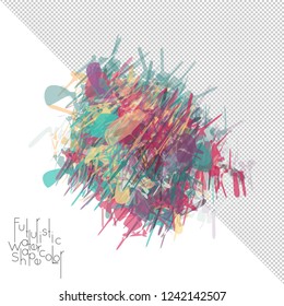 Abstract watercolor shape isolated on white background with transparent grid. Delicate colorful transparent overlaps create paint blot.