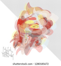 Abstract watercolor shape isolated on white background with transparent grid. Delicate colorful transparent overlaps create paint blot.
