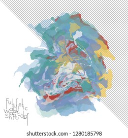 Abstract watercolor shape isolated on white background with transparent grid. Delicate colorful transparent overlaps create paint blot.