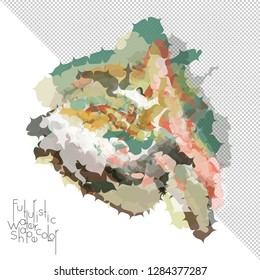 Abstract watercolor shape isolated on white background with transparent grid. Delicate colorful transparent overlaps create paint blot.