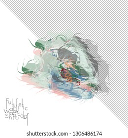 Abstract watercolor shape isolated on white background with transparent grid. Delicate colorful transparent overlaps create paint blot.