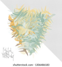 Abstract watercolor shape isolated on white background with transparent grid. Delicate colorful transparent overlaps create paint blot.