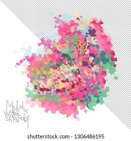 Abstract watercolor shape isolated on white background with transparent grid. Delicate colorful transparent overlaps create paint blot.