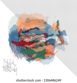Abstract watercolor shape isolated on white background with transparent grid. Delicate colorful transparent overlaps create paint blot.