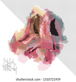 Abstract watercolor shape isolated on white background with transparent grid. Delicate colorful transparent overlaps create paint blot.