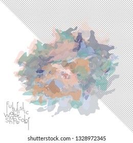 Abstract watercolor shape isolated on white background with transparent grid. Delicate colorful transparent overlaps create paint blot.