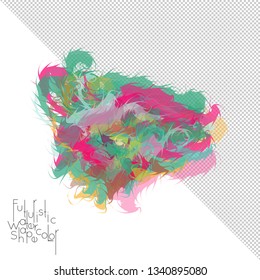 Abstract watercolor shape isolated on white background with transparent grid. Delicate colorful transparent overlaps create paint blot.