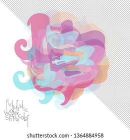 Abstract watercolor shape isolated on white background with transparent grid. Delicate colorful transparent overlaps create paint blot.