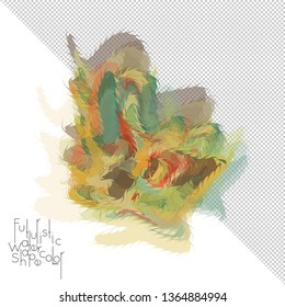 Abstract watercolor shape isolated on white background with transparent grid. Delicate colorful transparent overlaps create paint blot.