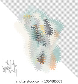 Abstract watercolor shape isolated on white background with transparent grid. Delicate colorful transparent overlaps create paint blot.