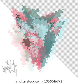 Abstract watercolor shape isolated on white background with transparent grid. Delicate colorful transparent overlaps create paint blot.