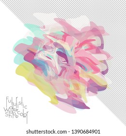 Abstract watercolor shape isolated on white background with transparent grid. Delicate colorful transparent overlaps create paint blot.