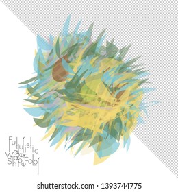 Abstract watercolor shape isolated on white background with transparent grid. Delicate colorful transparent overlaps create paint blot.