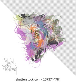 Abstract watercolor shape isolated on white background with transparent grid. Delicate colorful transparent overlaps create paint blot.