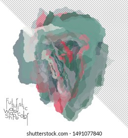 Abstract watercolor shape isolated on white background with transparent grid. Delicate colorful transparent overlaps create paint blot.