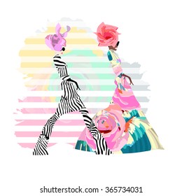 Abstract watercolor sketch model (girl) in floral dresses and suits, striped background, sunglasses, hats, show , logo women shop, stylish texture spring summer, Fashion Week, Color vector prints
