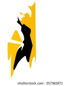 Abstract watercolor sketch of a woman in a black dress on a yellow background, isolated on  white , fashion logo,  stylish color vector prints logotype, label, emblem