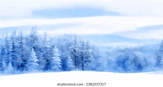 Abstract Watercolor snow winter background.Abstract watercolor winter background with snow,tree,and natural landscape.Abstract Watercolor winter landscape for background card,wallpaper,Snowy winter