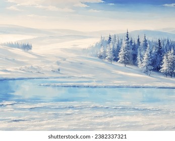 Abstract Watercolor snow winter background.Abstract watercolor winter background with snow,tree,and natural landscape.Abstract Watercolor winter landscape for background card,wallpaper,Snowy winter