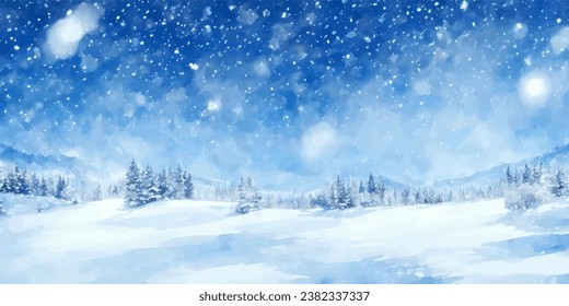 Abstract Watercolor snow winter background.Abstract watercolor winter background with snow,tree,and natural landscape.Abstract Watercolor winter landscape for background card,wallpaper,Snowy winter