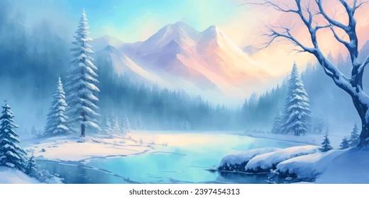 Abstract Watercolor snow winter background.Abstract watercolor winter background with snow,tree,and lake landscape.Abstract Watercolor winter landscape for background card,wallpaper,Snowy winter