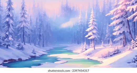 Abstract Watercolor snow winter background.Abstract watercolor winter background with snow,tree,and lake landscape.Abstract Watercolor winter landscape for background card,wallpaper,Snowy winter