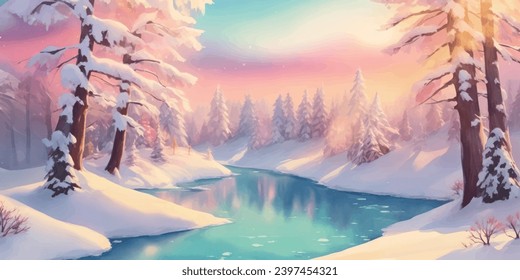 Abstract Watercolor snow winter background.Abstract watercolor winter background with snow,tree,and lake landscape.Abstract Watercolor winter landscape for background card,wallpaper,Snowy winter