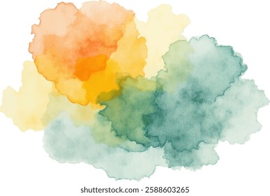 An abstract watercolor splash with a blend of warm and cool tones, featuring overlapping shades of yellow, orange, green, and teal. 