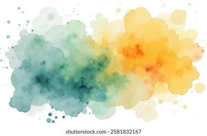 An abstract watercolor splash featuring a blend of cool teal and warm yellow hues, creating a vibrant and artistic design element.